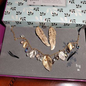 Holly Yashi gold leave/swarvorski pendant and matching earrings